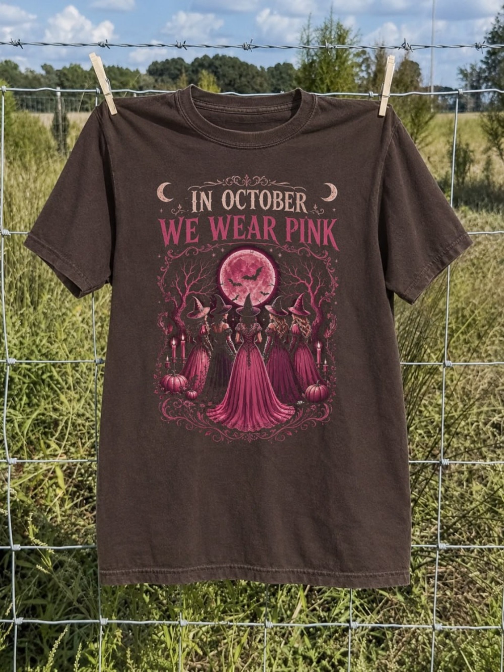 "In October We Wear Pink" Graphic Tee - Pink on Brown